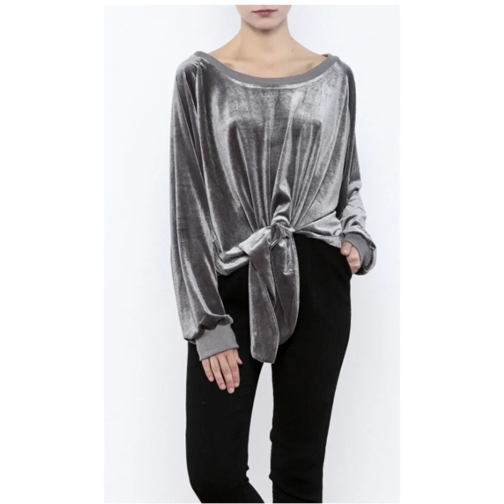 NUDE Apparel Co. Velour‎ Front Tie Knot Pullover Top Gray Size XS